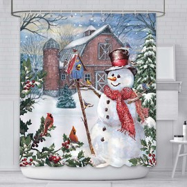 AIBIIN 180x180cm Christmas Shower Curtain Set with 12 Hooks Winter Outdoor Snowman Snowflake Snow Pine Tree Bathroom Curtain Durable Waterproof Fabric Home Decoration