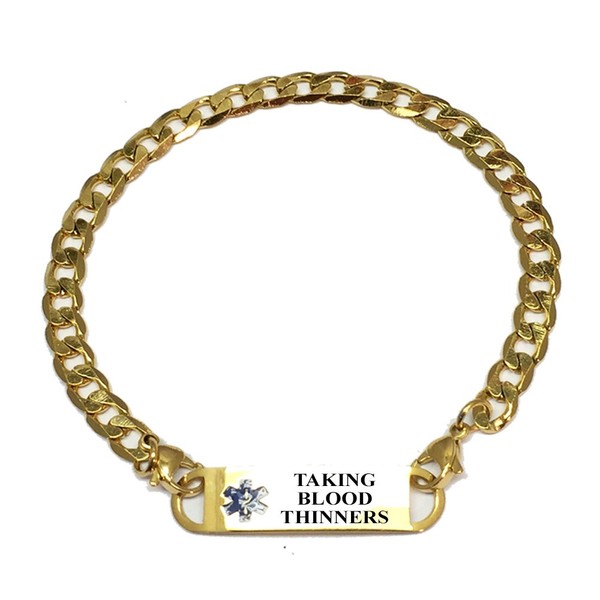 Pre-Engraved Gold Plated Curb Link"Taking Blood Thinner" Medical ID Bracelets for Women