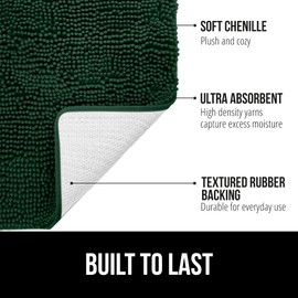 GORILLA GRIP Bath Rug Mat 30x20, Soft Absorbent Chenille, Quick Dry Microfiber Mats, Rubber Backing Washable Shower Floor Rugs, Bathmat Runner, US Designed Bathroom Decor Accessories Hunter Green