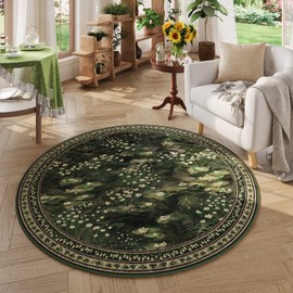 Rugcomf Circle Rug Impressionist-Style Vintage Round Rug 4ft Non Slip Low Pile Small Circular Rug for Bedroom Bathroom Entryway Kids Room Office College Dorm, Green