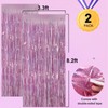 Pink Glitter Metallic Tinsel Foil Fringe Curtains Backdrop Streamers, 2Pcs
