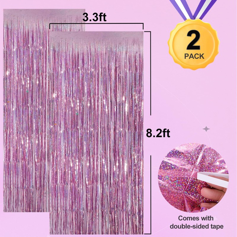 Pink Glitter Metallic Tinsel Foil Fringe Curtains Backdrop Streamers, 2Pcs