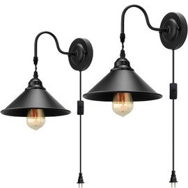 Plug in Wall Sconces, Vintage Plug in Wall Lamp Set of 2 with On/Off Switch, Metal Black Industrial Wall Mounted Light Fixture for Bedside Bedroom Indoor Doorway (Gooseneck Wall Lamp)