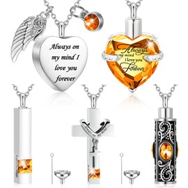 Fumete 5 Pcs Ashes Urn Necklace Keepsake Cremation Heart Cross Cubic Jewelry for Ashes Stainless Steel Memorial Locket Urn Keepsake Necklace for Women Men Loved Ones, 5 Styles(Champagne)