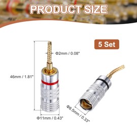 MECCANIXITY 6 Pcs Flex Pin Banana Plugs, 8.5mm (5/16") Banana Plug Jack Socket, 2mm Gold Plated Banana Plugs for Spring Loaded Terminals, Speaker Wire, Glossy