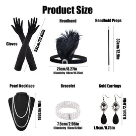 dinghaole 6 Pcs 1920s Accessories for Women, Great Gatsby Accessories Women, Fashion Roaring 20's Theme Set with Headband Headpiece Long Black Gloves Necklace Earrings for Women, Roaring 20's Theme