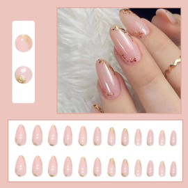 Press on Nails Almond Short, Pink Gold Glitter Artificial Nails with Design, Oval Artificial Nails for Sticking, Glossy Acrylic Fingernails, Fake Nails for Women, Girls, Pack of 24