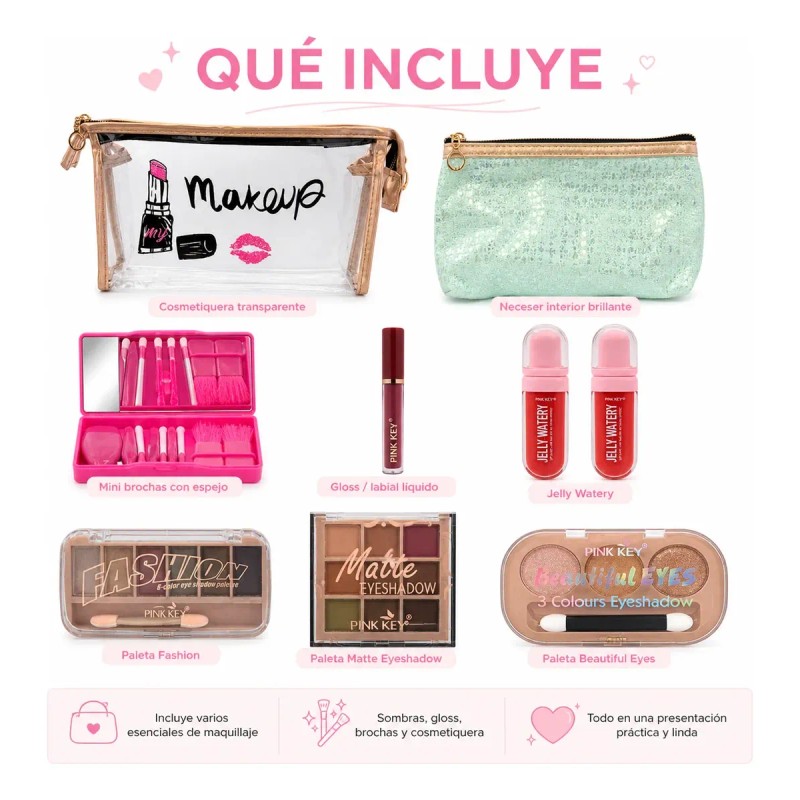 Kit De Maquillaje 2 Cosmetiquera Brochas Sombras Gloss Blush