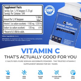 C-Salts Pure Sodium Ascorbate Vitamin C Powder - Non-Acidic Sugar-Free Buffered Powdered Drink for Hydration & Immune Support - Antioxidant for Overall Wellness - Perfect for Drinks or Recipes - 24 oz