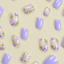 Flower Press On Nails Short Oval Fake Nails Purple False Nails With Flower Designs Acrylic Nails Press Ons Full Cover Glue On Nails Short Spring Stick On Nails For Women Nail Decorations