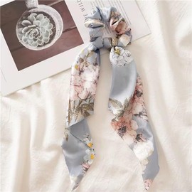 Floral Patterned Satin and Solid Colored Chiffon Hair Scarf Scrunchie Set, 2 Pieces (Blue Floral and Grey)