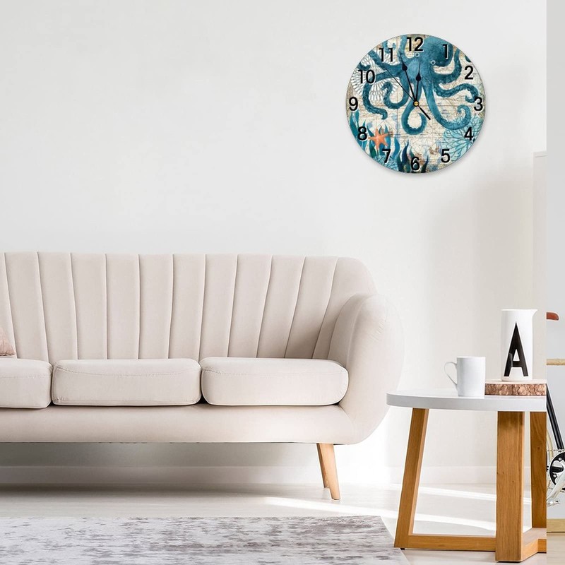 Abucaky Blue Octopus Nautical Map Wall Clock Battery Operated Silent