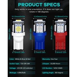 Alopee 30-Pack 194 LED Bulb Multi Color White/Blue/Red Combo 12V DC T10 Wedge Base 5SMD-5050 for 168 921 2825 W5W 158 501 Car Interior Dome Map Door Trunk Lights