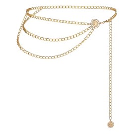 FATASH Multilayer Metal Gold Chain Waist Belt with Long Tassel - Retro Adjustable Thin Metal Waist Chain Belts for Dresses, Jewelry for Women and Girls