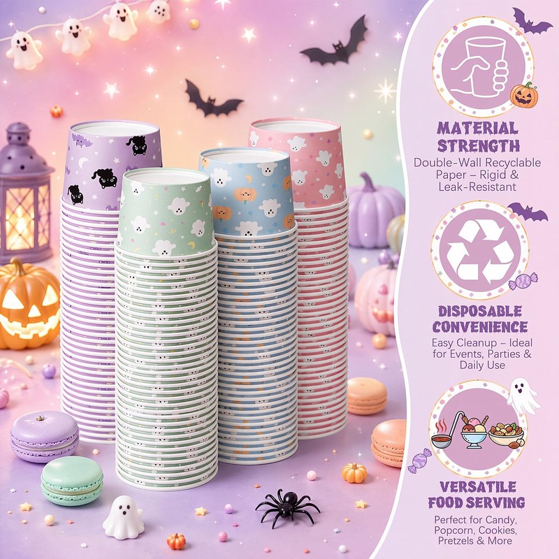 48 Pack Halloween Disposable Paper Snack Cups, 9oz Cute Pastel