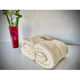 100% Cotton Muslin Blanket, 4 Layers Bedspread, Soft Turkish Cotton Muslin Bed Cover, Reversible Coverlet, Natural Cream (Full/Queen Size 91x95-230x240cm)