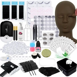 Lash Extension Kit Professional Eyelash Extensions Practice Set with Mannequin Head Removable Eyelids USB Lash Fan Individual False Eyelash Shampoo Brush Glue Practical Tools for Beginners