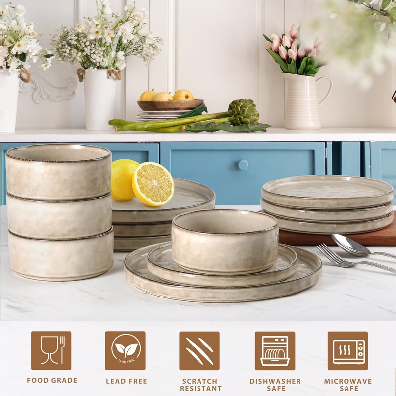 LIANYU Dinnerware Set for 4, 12 Piece Plates and Bowls