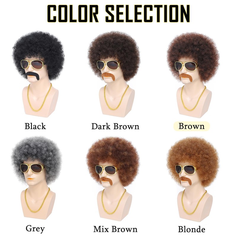 Brown Afro Wig for Men 70s Disco Rocker Afro Curly