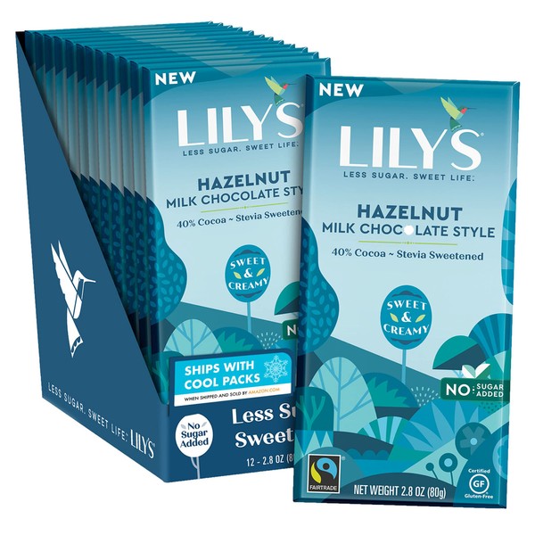 LILY'S Hazelnut Milk Chocolate Style, Individually Wrapped, Gluten Free, Bulk No Sugar Added Sweets Bars, 2.8 oz (12 Count)