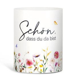 BETESSIN 12 x Tea Light Holder Table Decoration Wedding – Schön DASS du da bist – Light Cover with Flower Motif – Lantern Table Decoration for Birthday, Wedding, Christening, Baby Shower, Spring
