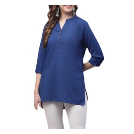 ladyline - Blusa casual para mujer, 100 % algodón, plisada, con hombros descubiertos, cuello plano, mangas enrollables, con botones, azul oscuro, 38
