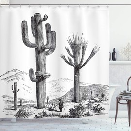 Ambesonne Cactus Shower Curtain, Sketchy Hand Drawn Print of Desert Plants with Mexican Travellers Image, Cloth Fabric Bathroom Decor Set with Hooks, 70" Long, Charcoal Grey