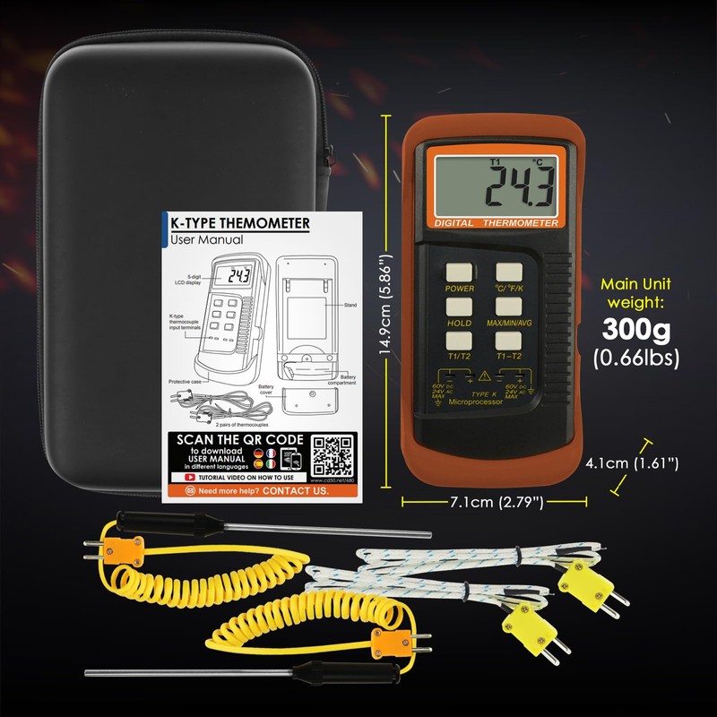 DANOPLUS Digital K Type Thermometer with 4 Thermocouples, Dual Channels