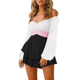 Fixmatti Women off Shoulder Rompers Lantern Long Sleeve Ruffle Tie Mini Shorts Jumpsuit Black And White M