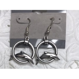 Unbranded Dolphins Jumping Through Hoops Silvertone Earrings