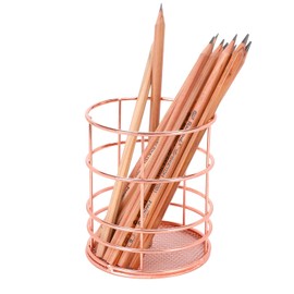 Metal Pen Pot Hollow Desk Pen Pencil Holder Square Round Mesh Pen Cup Makeup Brushes Storage Basket Container Remote Control Holder Stand Desktop Stationery Organiser for School Office Home Supplies