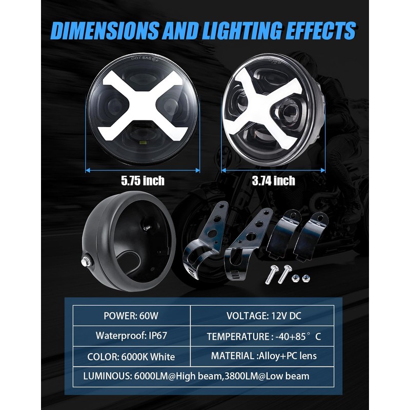 5-3/4 5.75" X-Style Yellow DRL Motorcycle Headlight with Headlight Housing
