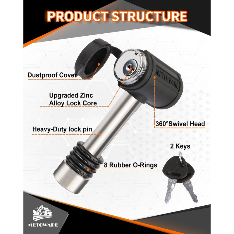 METOWARE Swivel Head Trailer Hitch Receiver Lock, Stainless Steel, 1/2"