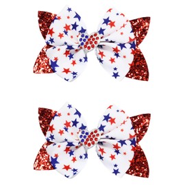 2pcs 4th of July Hair Bows for Girls, Red White Blue Star Bow Hair Clips Sequin Bow Alligator Clip, Sparkly Cheer Barrettes Hairpins Independence Day Gift for Girls Kids Teens Children