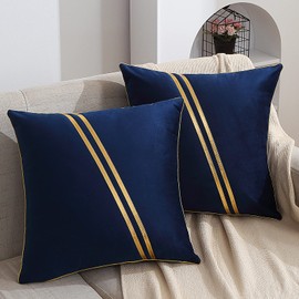 WACOMECO Pack of 2 Gold Throw Pillow Covers - Soft Decorative Luxury Velvet Cushion Covers Pillow Cases with Gold Leather for Sofa Bedroom Livingroom Car, 20 x 20 in, Navy Blue