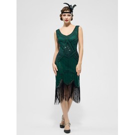 YESSA Flapper Dresses 1920s Gatsby Dress for Women Roaring 20s Costumes Fringed Sequin Cocktail Dress with 20s Accessories Green XX-Large