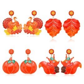 HZEYN 4 pares de aretes de otoño de Acción de Gracias, esmaltado, pavo, calabaza, hoja de arce, aretes colgantes colgantes de gota, Metal, no saber