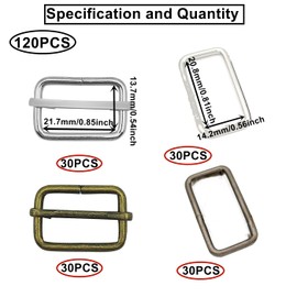 HUAZIZ Pack of 120 Metal Square Buckle, D Rings 20 mm Metal Sliding Buckles for Handbag, Lanyard, Bags, Straps, Dog Collars and Sewing Projects, Silver, bronze, 20mm