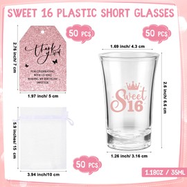 Kritkin 50 Sets Sweet 16 Favors for Guests Sweet 16 Plastic Short Glasses Acrylic Clear Shot Glasses with Thank You Cards Organza Bag Rose Gold Sixteen Years Old Birthday Party Supplies Decoration
