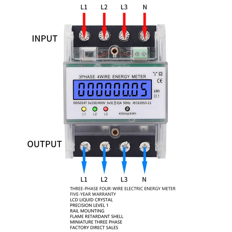 DDS024T 3 Phase 4P Electronic Energy Meter 380V LCD Digital