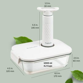 PrepSealer Everyday keep food fresh, Meal Prep, Marinade, Borosilicate Glass Vacuum Container… (PS-GVC-1L-Wh)