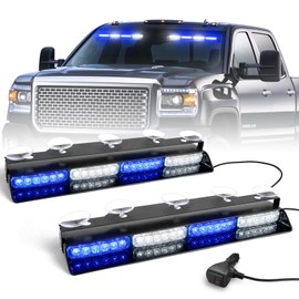 HLAUTO 6Z4J Emergency Dash Strobe Lights: 2x16.8 inch Blue White Safety Lights, 48 LED Flashing Warning Hazard Interior Windshield Visor Traffic Light Bar for Trucks, Construction Vehicles