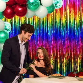 Fachoige 3.2ft x 6.6ft Metallic Tinsel Foil Fringe Curtains Wedding for Birthday Engagement Bridal Shower Bachelorette Holiday Celebration Party Decorations (L-Rainbow, 3 Pack)