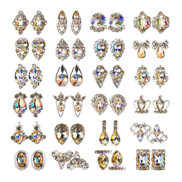 48pcs Nail Crystal AB Rhinestones, Nail Diamonds Glass Metal Gems Jewels Stones for 3D Nails Art Decoration(24 Styles)