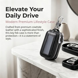 1 PC Key Fob Case, Leather Key Fob Holder with Clear Window, Universal Double-layer Storage Remote Case (Black)