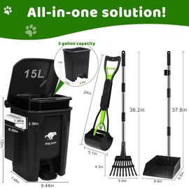 Uppcasir Dog Poop Trash Can Outside with Pooper Scooper and Metal Rake & Tray, Dog Waste Trash Can with Lid, Pedal and Removable Inner Waste Bin, Outdoor Dog Poop Trash Can with 100 Bags, Black