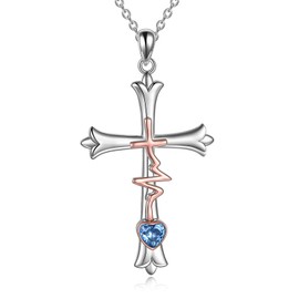 WINNICACA Cross Pendant Faith Hope Love Necklace S925 Sterling Silver with Birthstone Jewellery for Women Mom Gifts, Sterling Silver