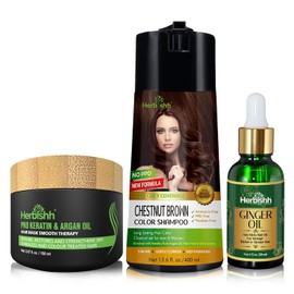 Herbishh Hair Color Shampoo for Gray Hair – PPD Free Hair Dye Shampoo + Ginger Oil 30mL Hydrating Hair Oil + Pro Keratin Argan Oil Hair Mask for Dry, Damaged Hair 150mL (Chestnut Brown)
