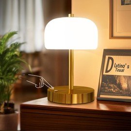 Oneach 9" Cordless Table Lamp, Gold Rechargeable Battery Operated Lamp, 3-Way Stepless Dimming Touch Mushroom Lamp, Small Glass Bedside Nightstand Lamp for Bedroom Dining Table Living Room Shelf Decor