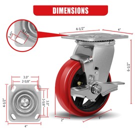 CWfutureparts 5"X2" Industrial Casters,Heavy Duty Casters Set of 4,Crowned Polyurethane Tread Cast Iron Center Wheels, Swivel with Top Lock Brake Casters, Load Capacity 4000 lbs Per Set (4-Pack)